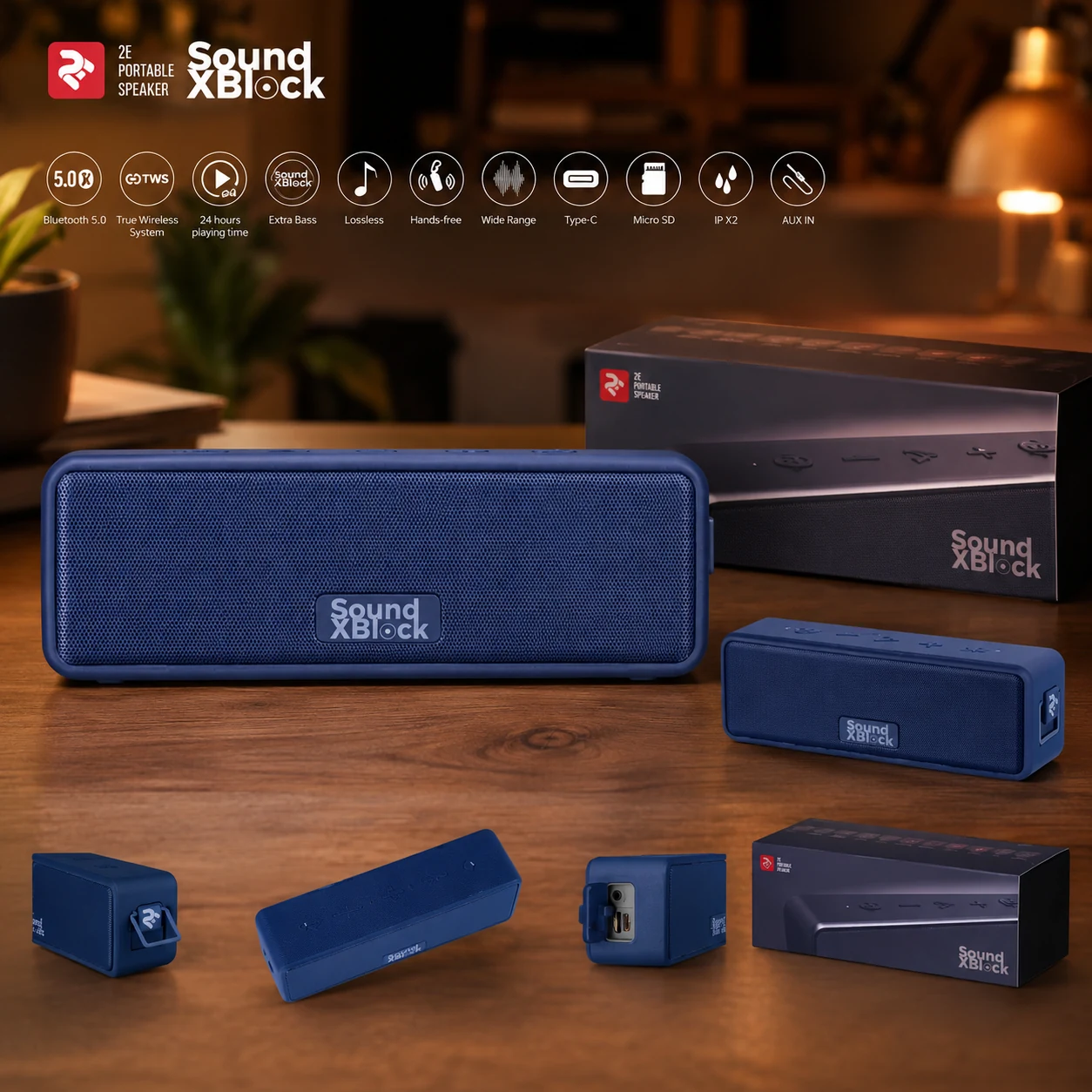 Акустична система 2E SoundXBlock TWS, MP3, Wireless, Waterproof Blue — Миші, клавіатури, навушники