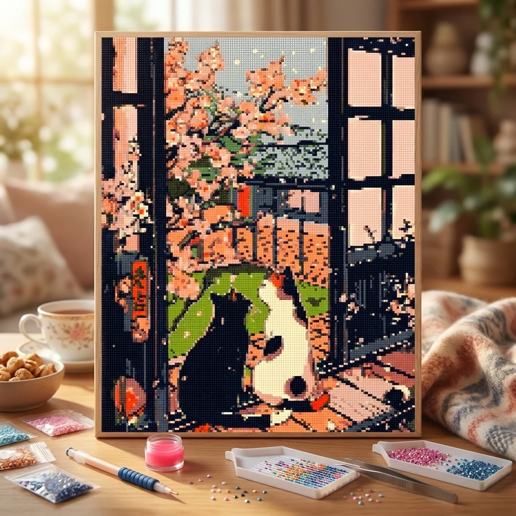 Алмазна мозаїка Origami UA Котики біля сакури 40х50 см OD3404