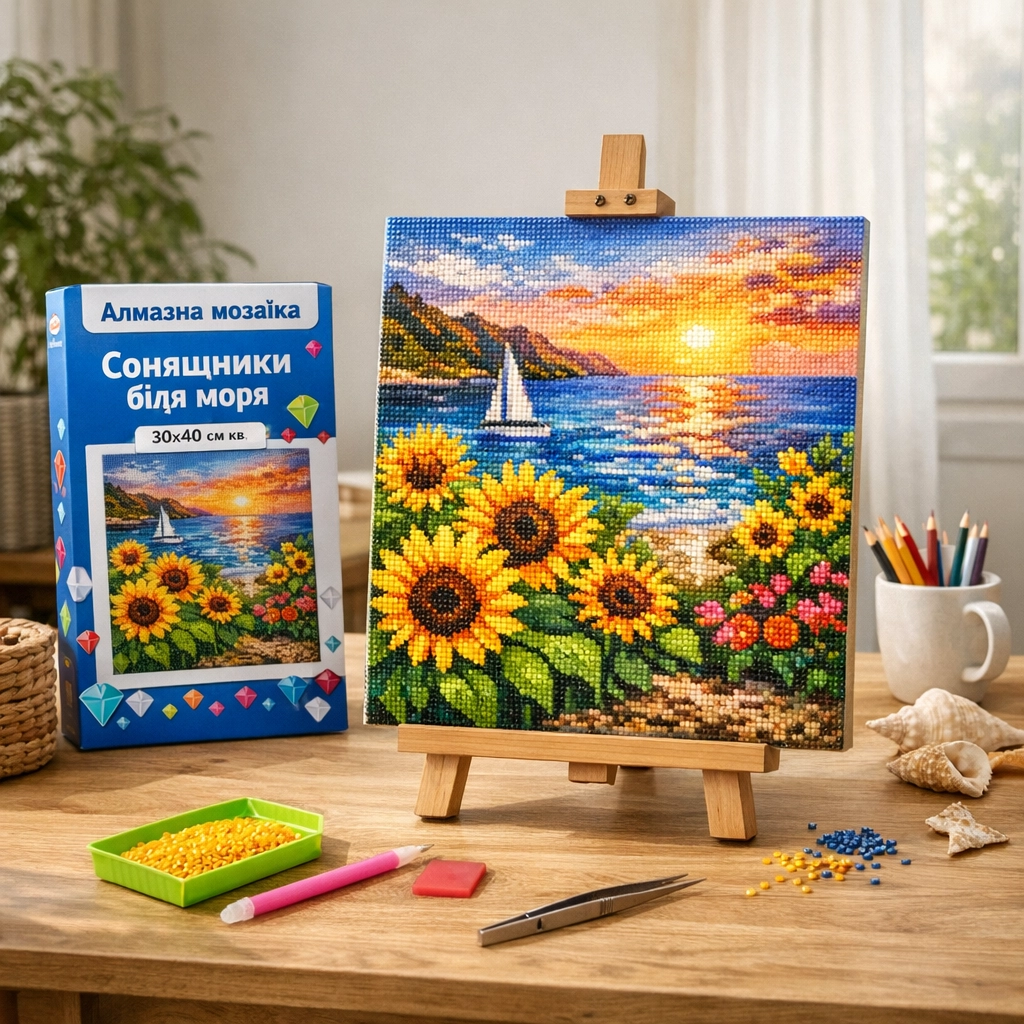 Алмазна мозаїка Strateg Соняшники біля моря розміром 30х40 см кв