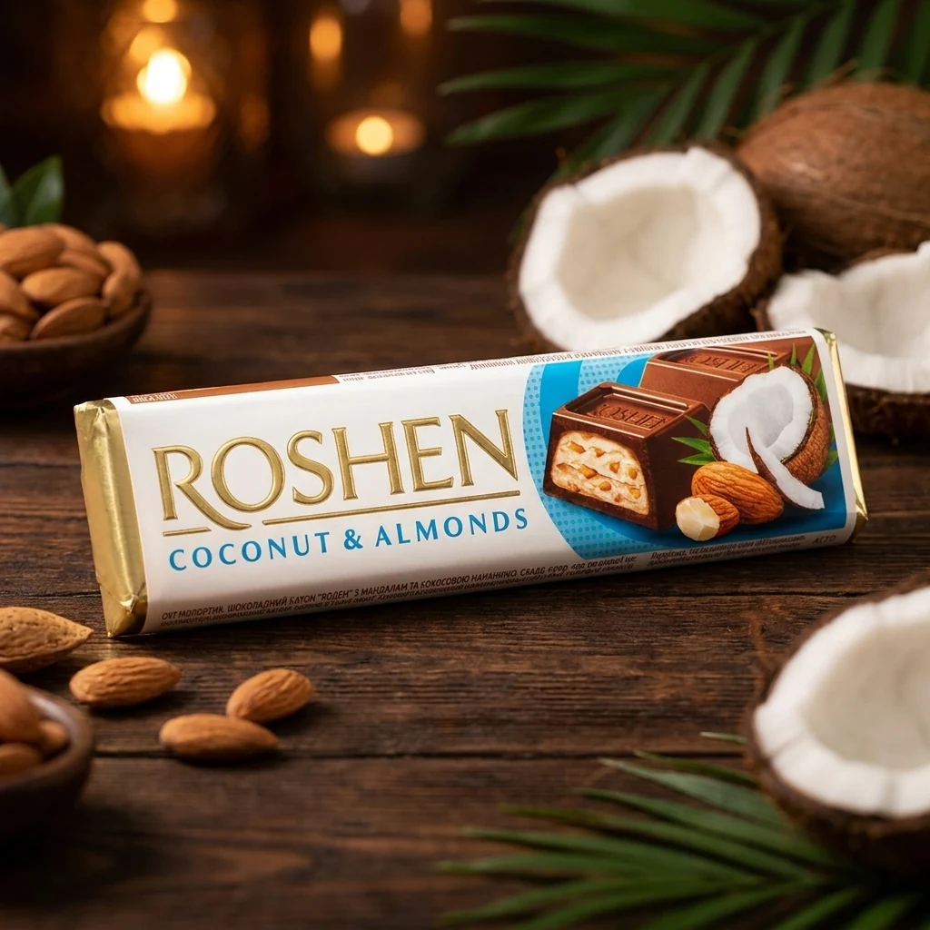 Батончик Roshen молочно-шоколадний з кокосом та мигдалем 39г — Продукти та напої