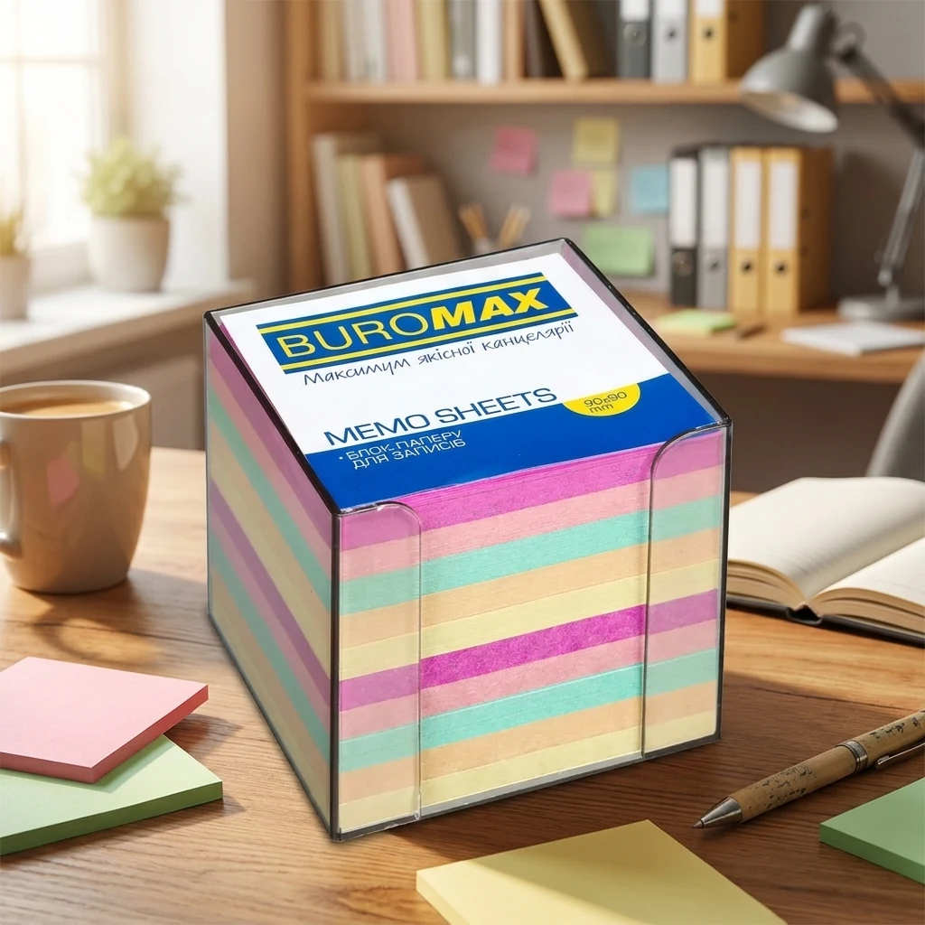 Блок для записів кольоровий, 90*90*90, пластиковий бокс, Buromax
