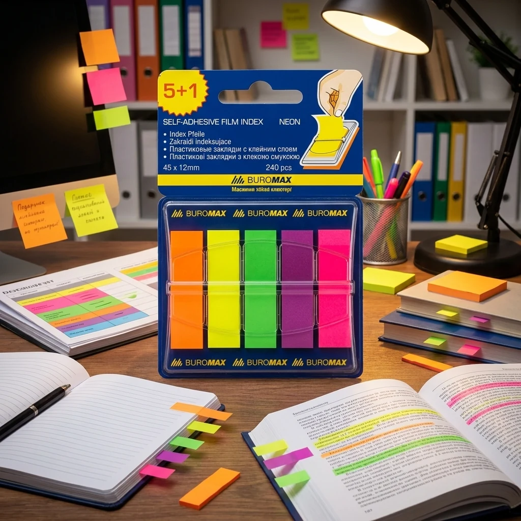 Блок паперу самоклеющийся "Post-it" 5+1 колір (пластик) "Buromax" 2303-98