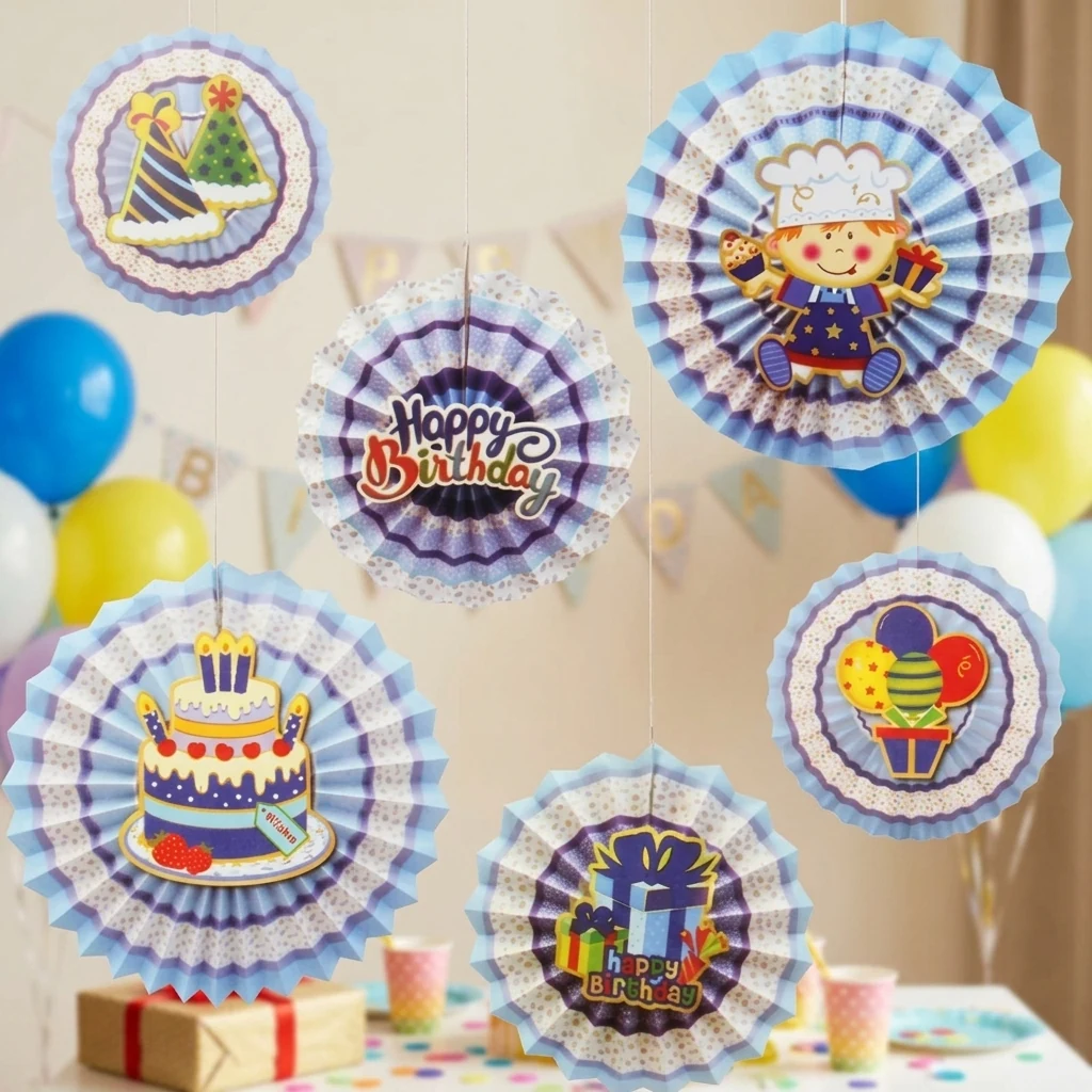 Декор паперовий "Коло-гармошка" 20-40 см "Happy Birthday" блакитний (набір 6 штук)