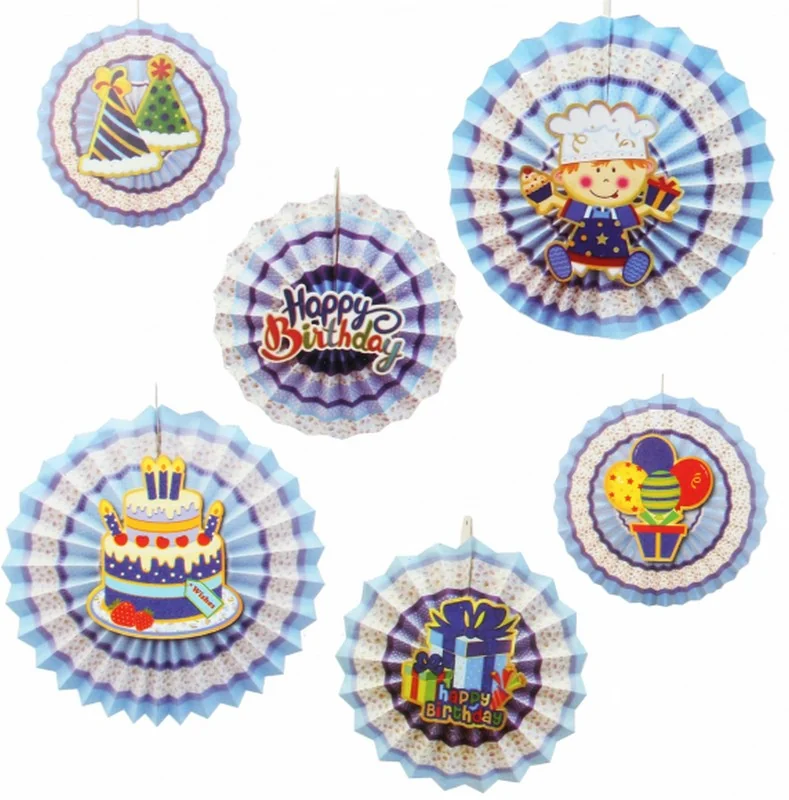 Декор паперовий "Коло-гармошка" 20-40 см "Happy Birthday" блакитний (набір 6 штук)