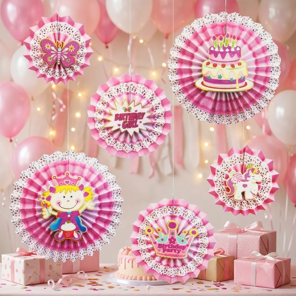Декор паперовий "Коло-гармошка" 20-40 см "Happy Birthday" рожевий (набір 6 штук)
