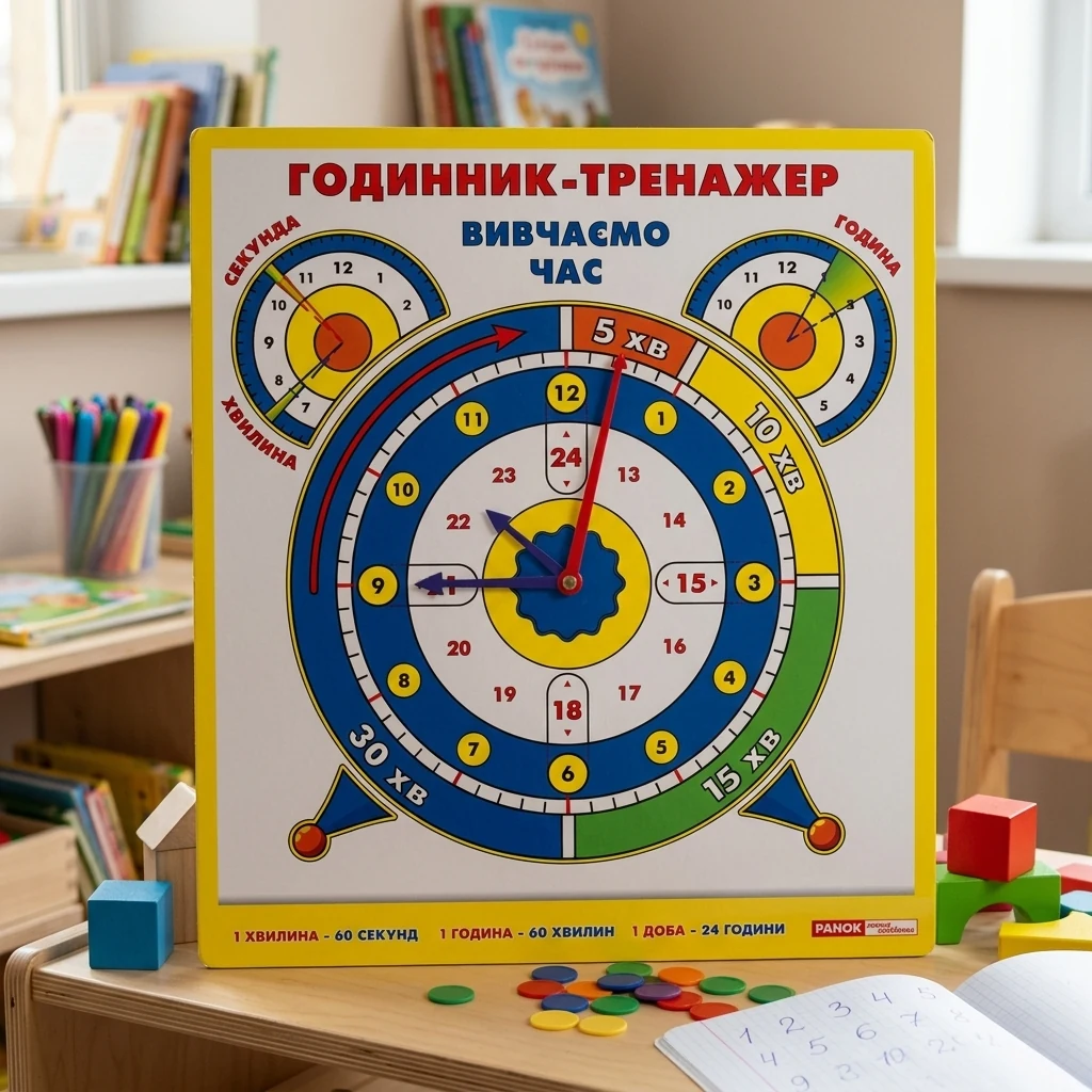Демонстраційний матеріал. Годинник-тренажер. Вивчаємо час. 310х385 мм