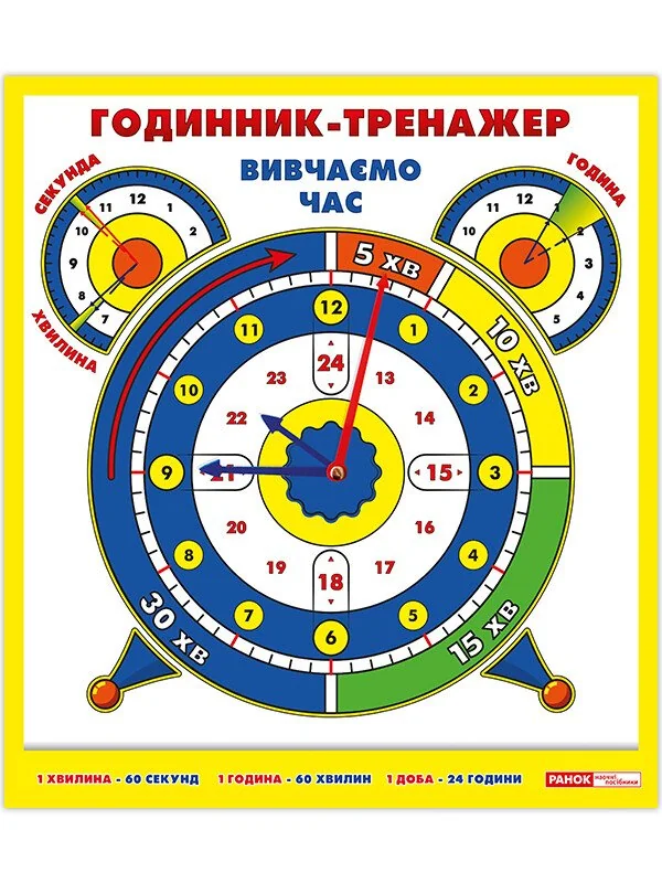 Демонстраційний матеріал.Годинник-тренажер.Вивчаємо час. 310х385 мм Ранок
