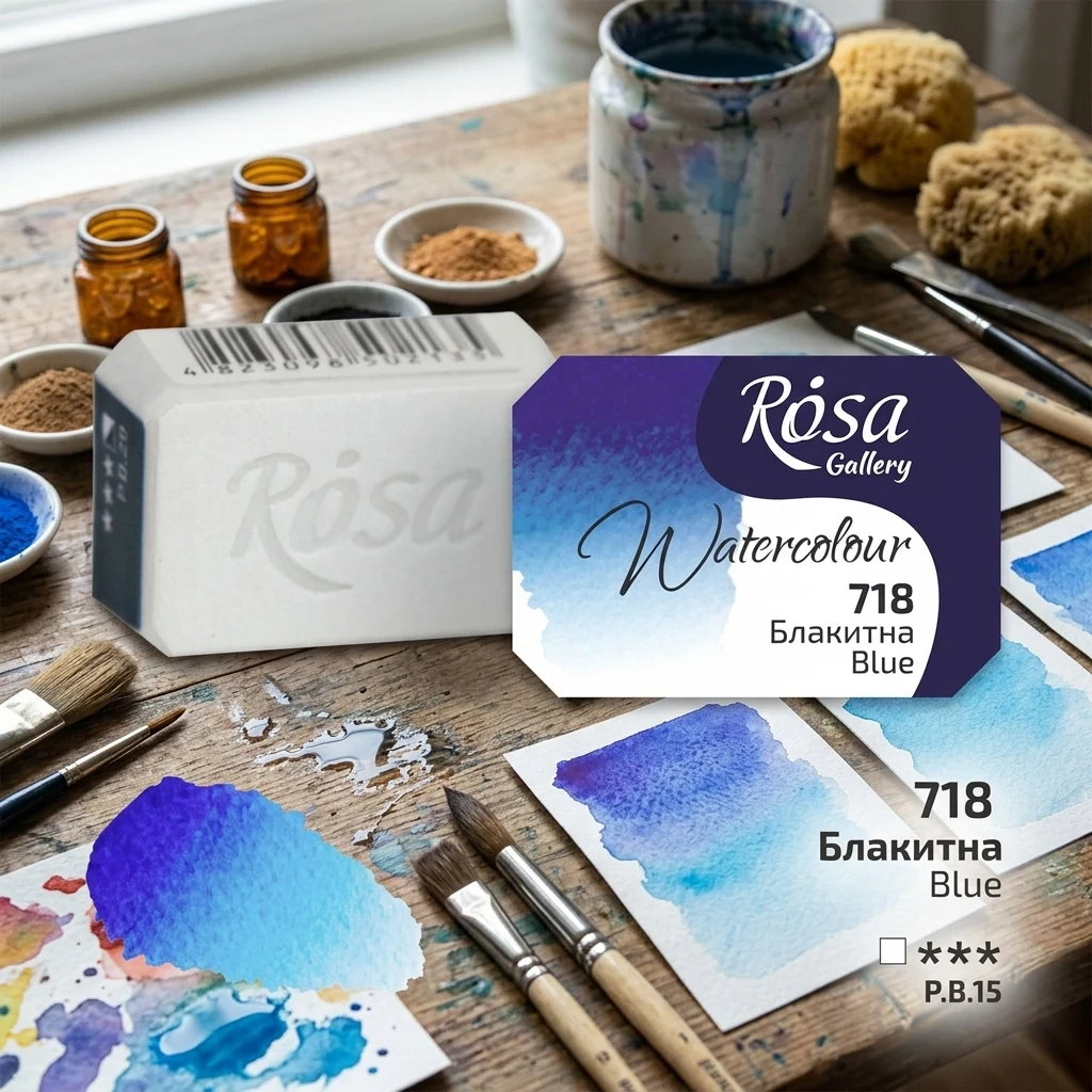 Фарба акварельна, 718 блакитна, кювет 2,5 мл, Rosa Gallery