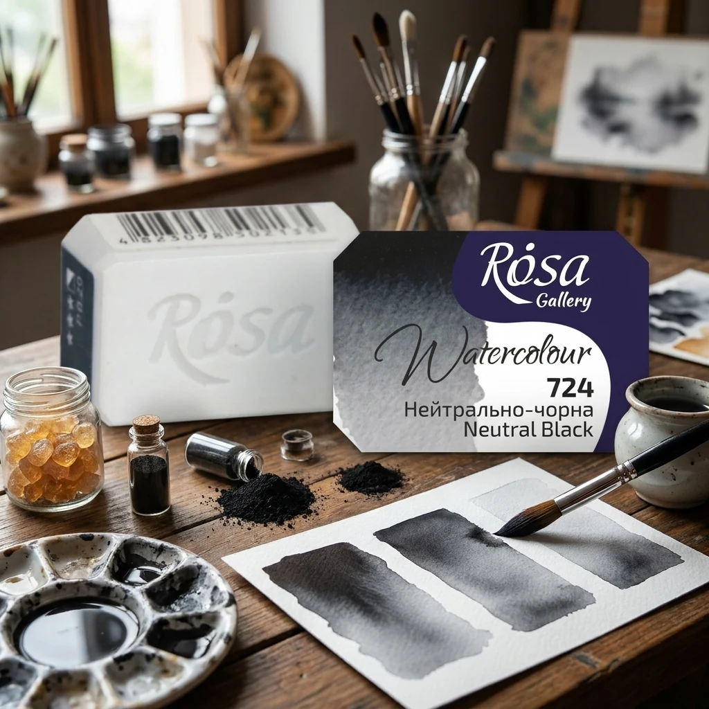 Фарба акварельна, 724 нейтрально-чорна, кювет 2,5 мл, Rosa Gallery