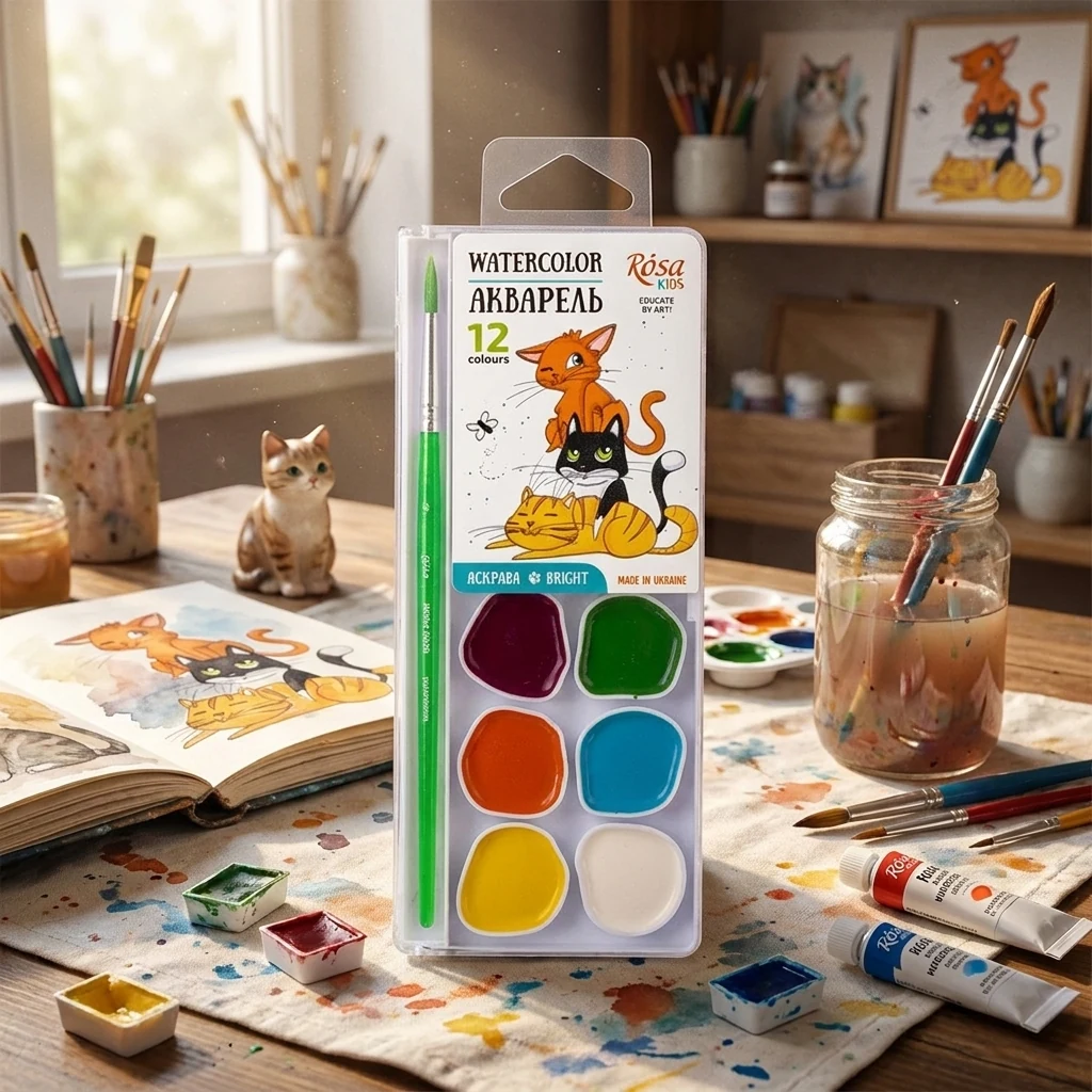 Фарби акварельні, 12 кольорів, "Cats", ROSA Kids