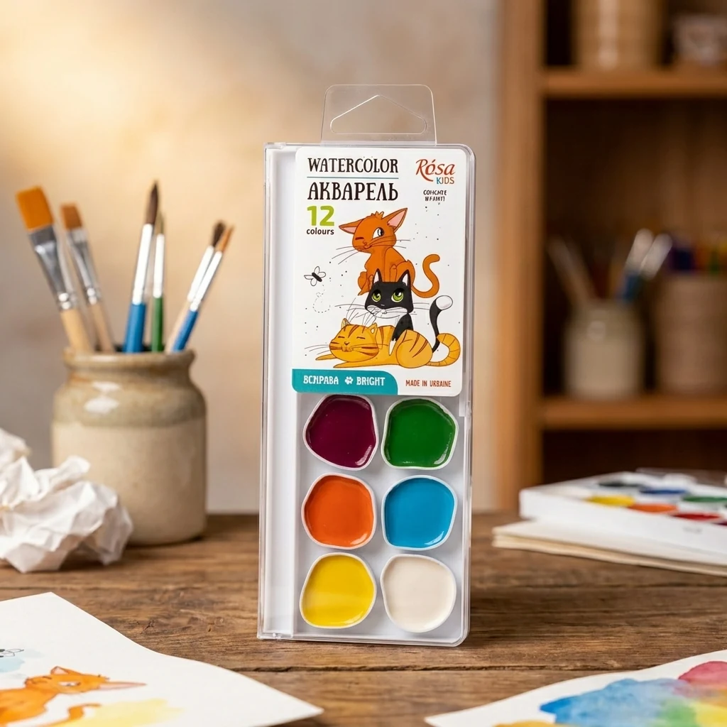 Фарби акварельні ROSA Kids Cats 12 кольорів — Живопис