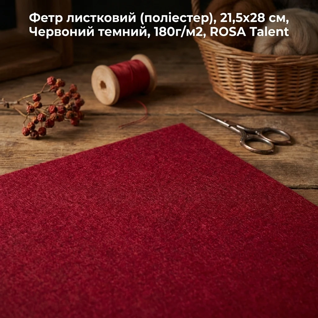 Фетр листковий (поліестер), 21,5х28 см, Червоний темний, 180г/м2, ROSA Talent