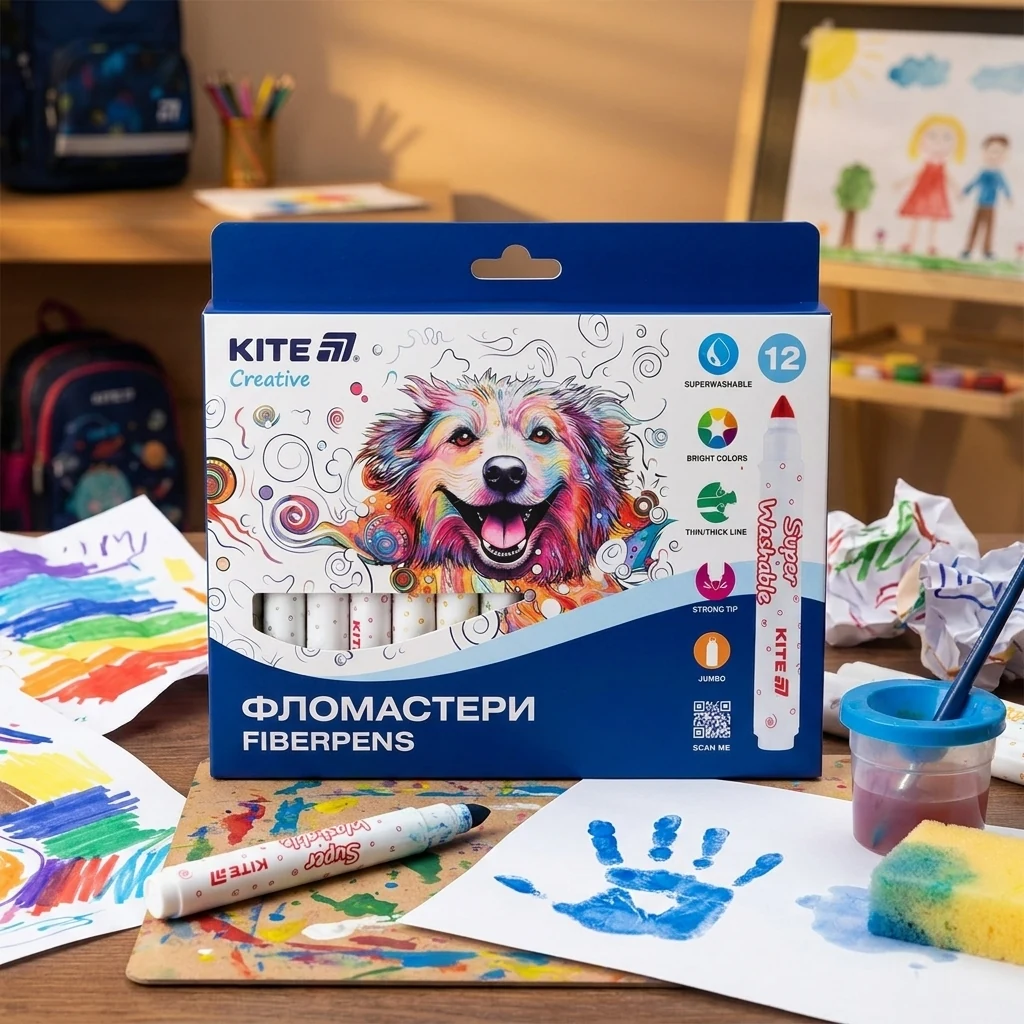 Фломастери 12 кольорів Kite Creative "Jumbo Superwashable"