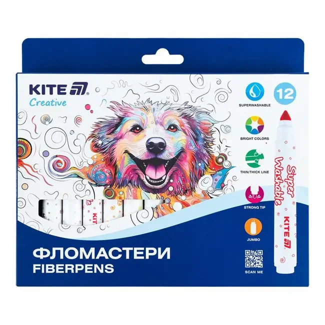 Фломастери 12 кольорів Kite Creative "Jumbo Superwashable"