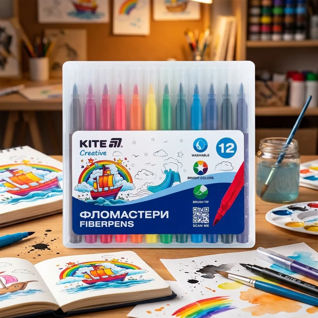 Фломастери 12 кольорів з пензликом, Kite Creative