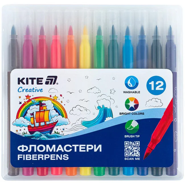 Фломастери 12 кольорів з пензликом, Kite Creative