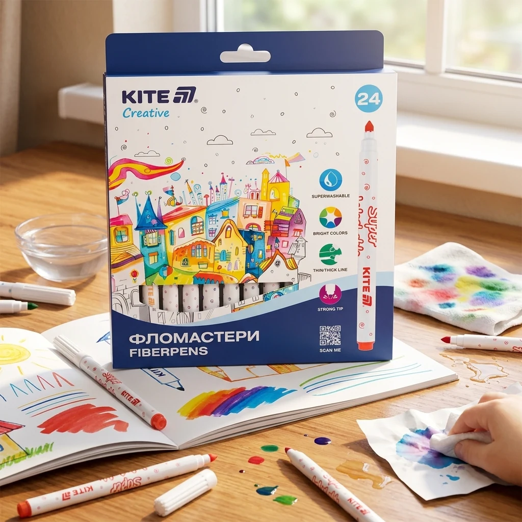 Фломастери 24 кольори Kite Creative "Superwashable"