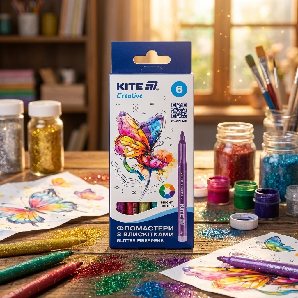 Фломастери 6 кольорів з блискітками Kite Creative