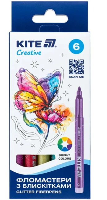 Фломастери 6 кольорів з блискітками Kite Creative