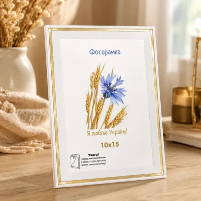 Фоторамка оргскло 10х15 біла з золотою смужкою 1613-202-1