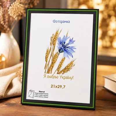 Фоторамка оргскло 21х29,7 чорний з зеленою смужкою 1613-6436