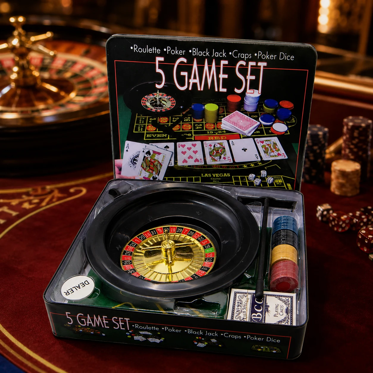 Гра настільна-5 в 1- Рулетка Крепс Покер Блек-Джек Poker Dice 23869-5 — Настільні ігри