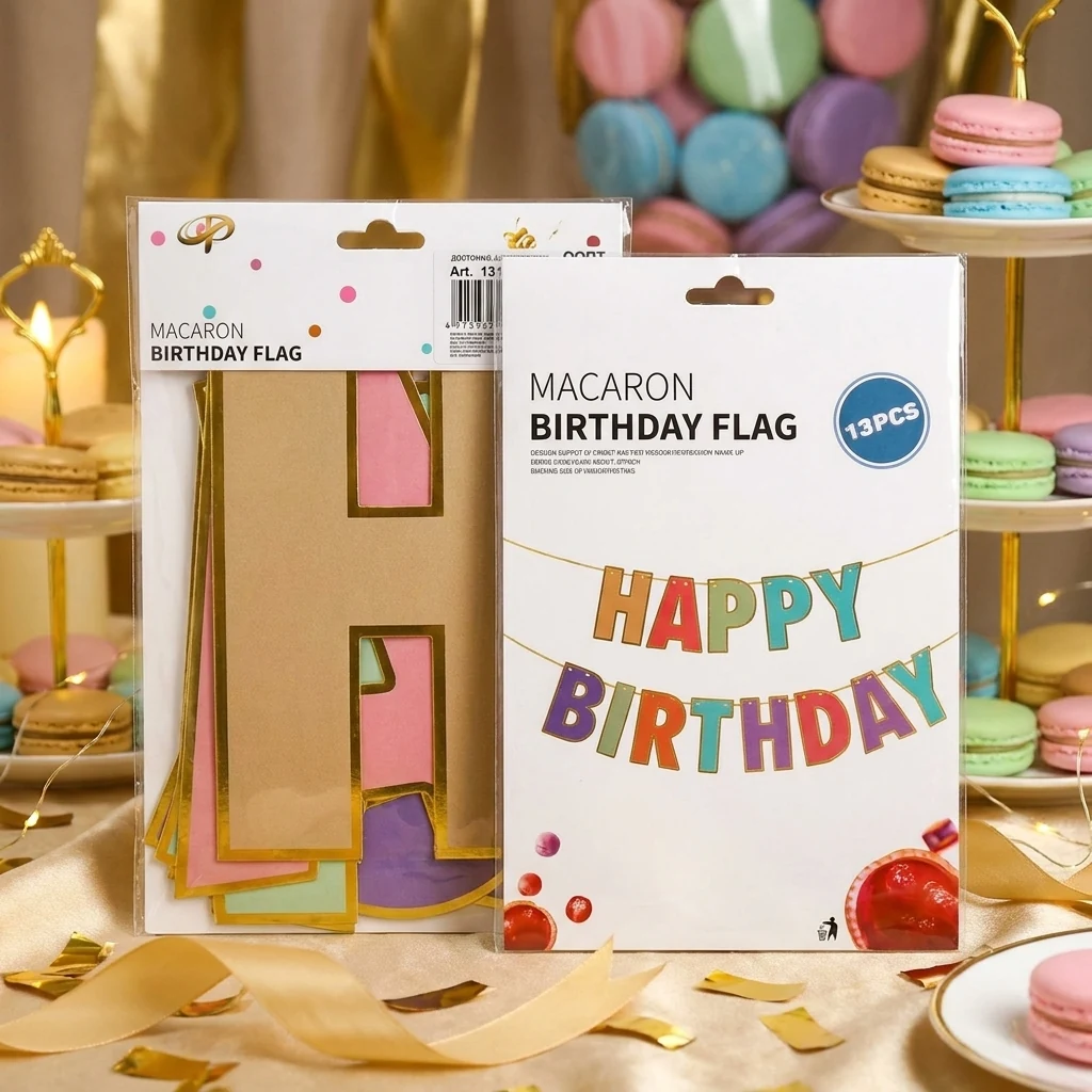 Гірлянда - банер, букви Happy Birthday, 3 метри, картон із золотим контуром