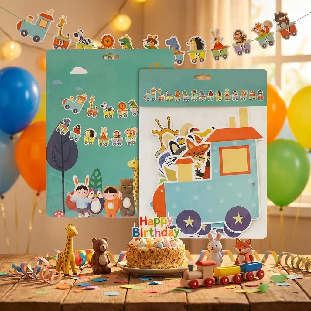 Гірлянда - банер, букви Happy Birthday, 3 метри, картон, Поїзд і тварини