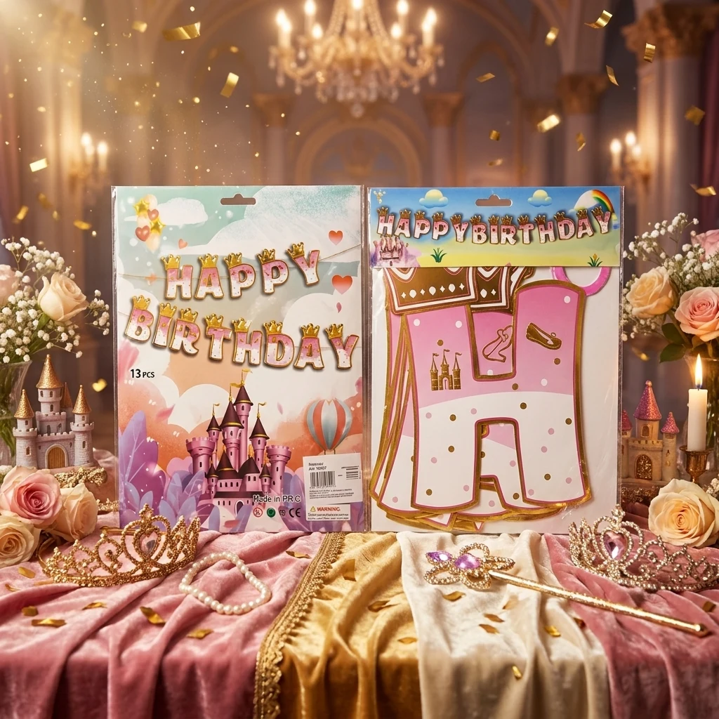 Гірлянда - банер, букви Happy Birthday, 3 метри, картон, Принцеса