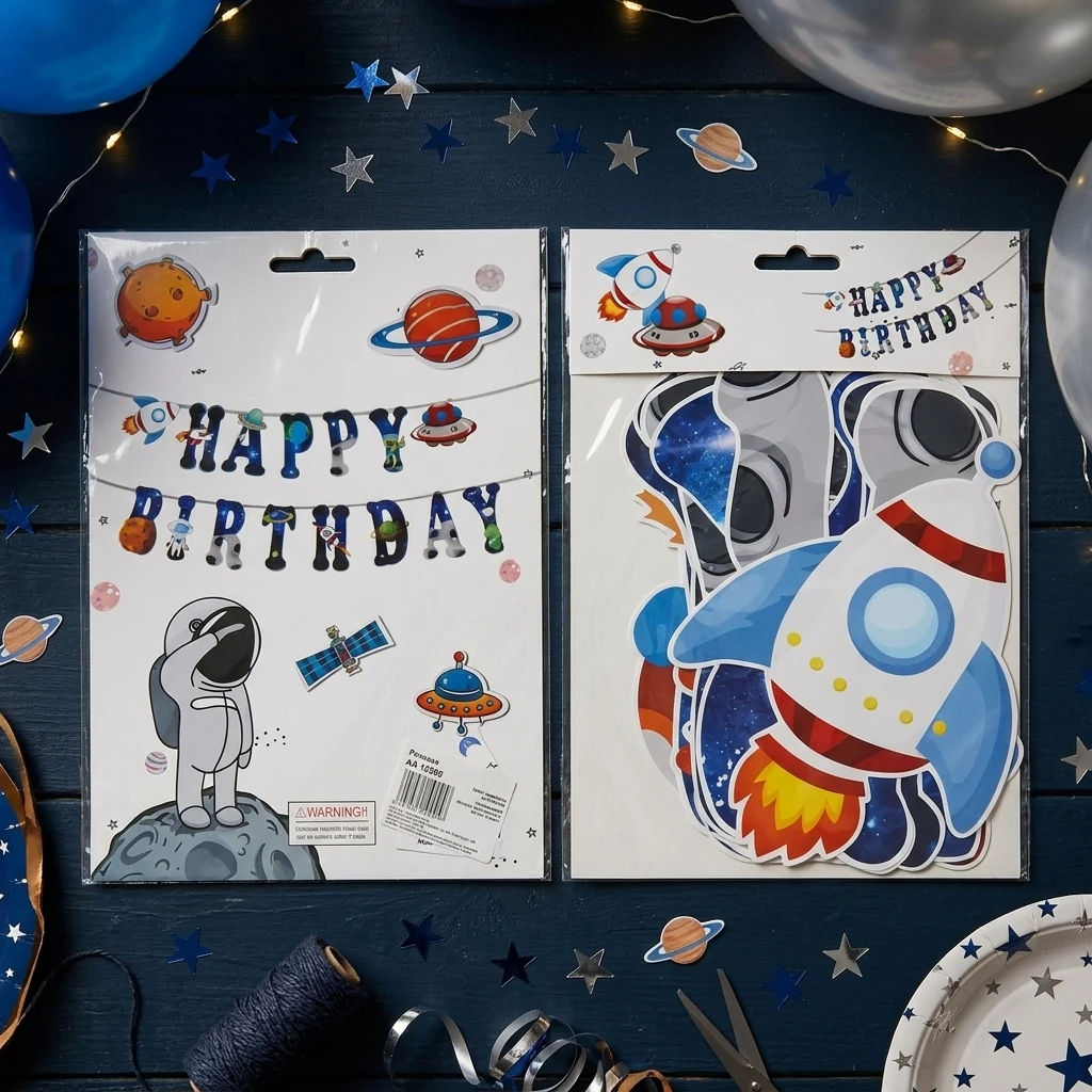 Гірлянда - банер, букви Happy Birthday, 3 метри, картон з фольгою, "Космос"