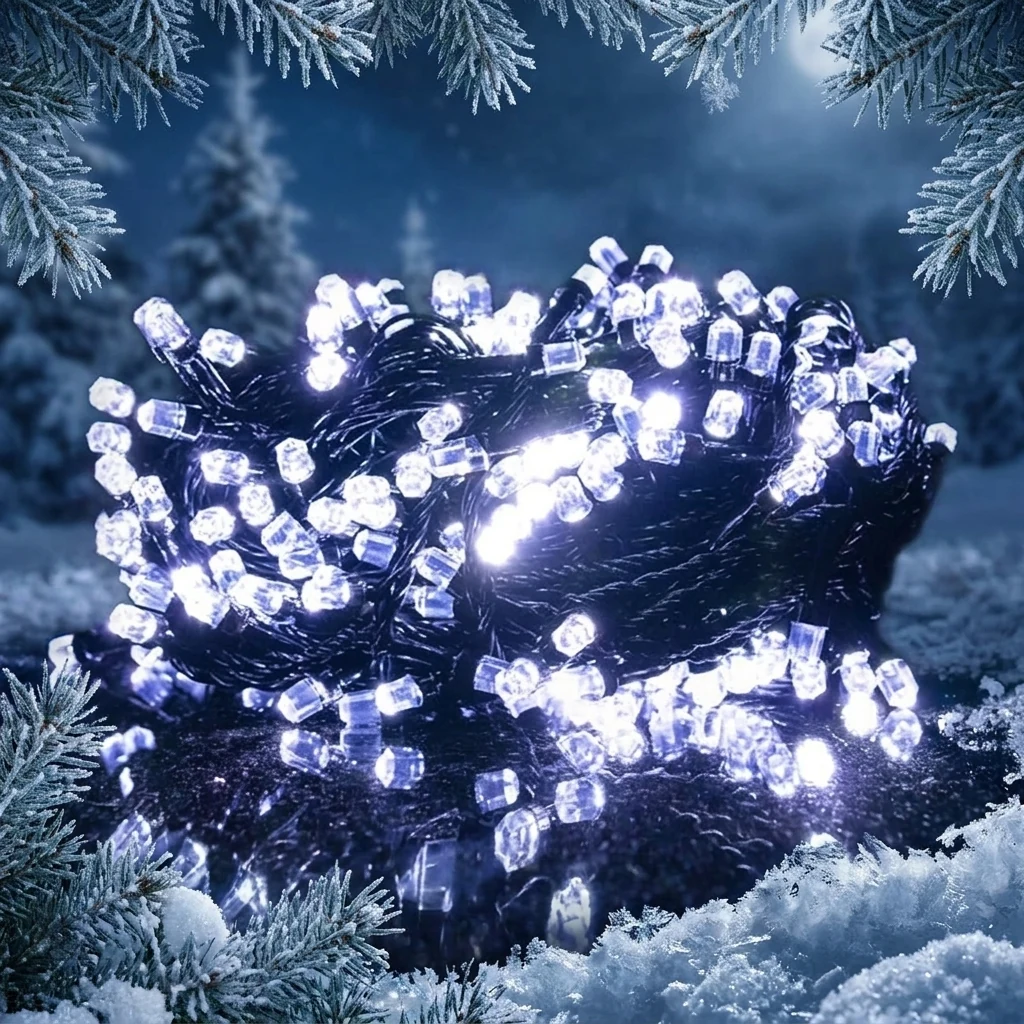 Гірлянда електрична білого холодного кольору на 200 led, чорний шнур довжиною 14 метрів
