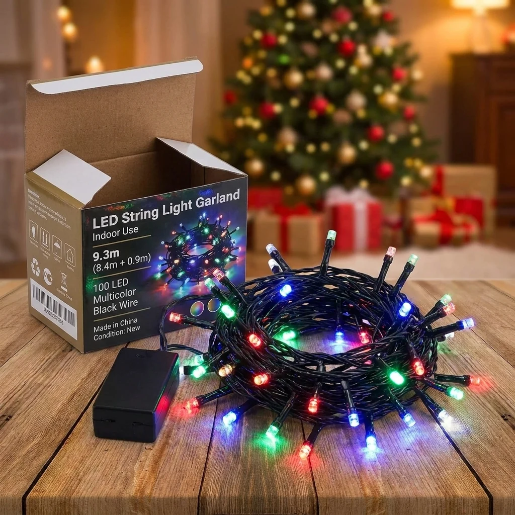 Гірлянда електрична різнобарвна, нитка на 100 led, чорний шнур довжиною 8 метрів