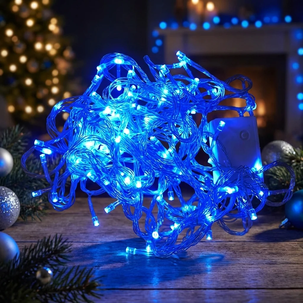 Гірлянда електрична синього кольору на 300 led, прозорий шнур довжиною 18 метрів