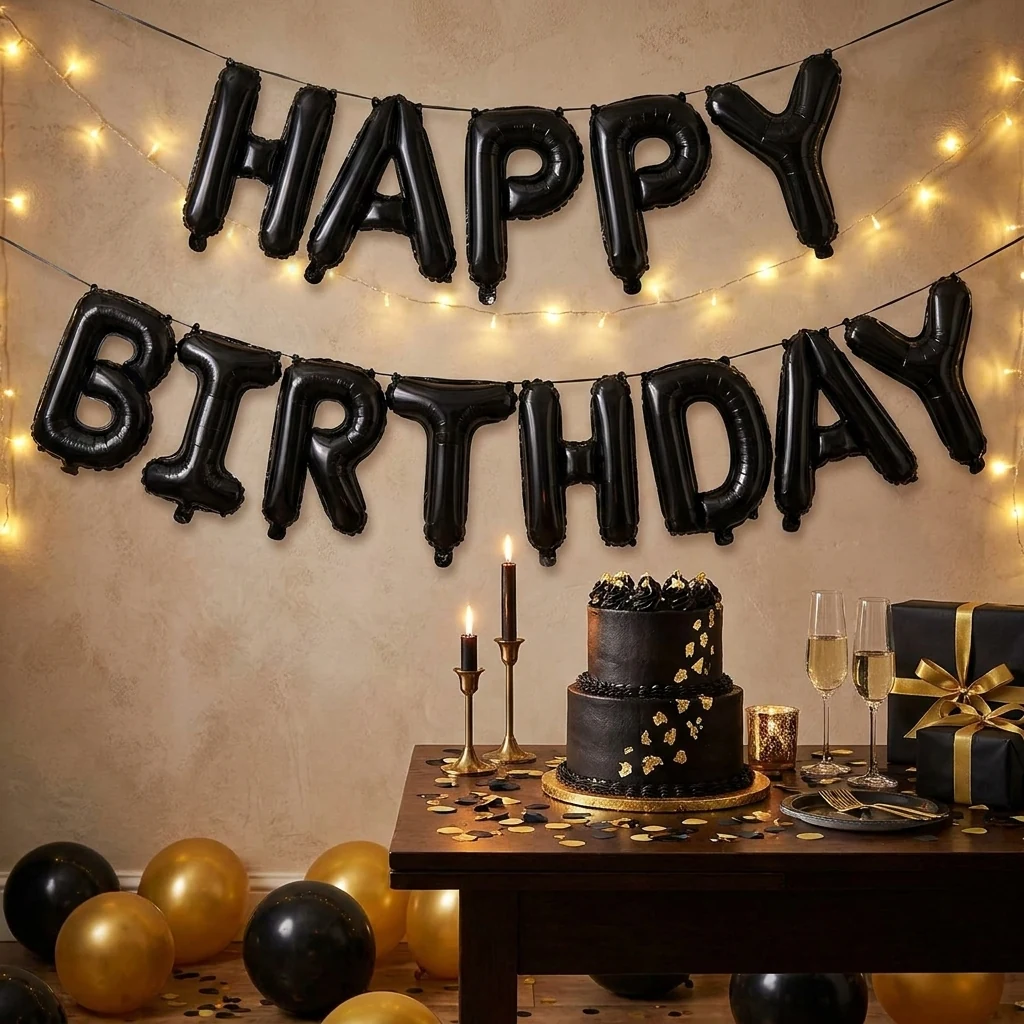 Гірлянда надувна "Нappy birthday" висота літери 40см чорна