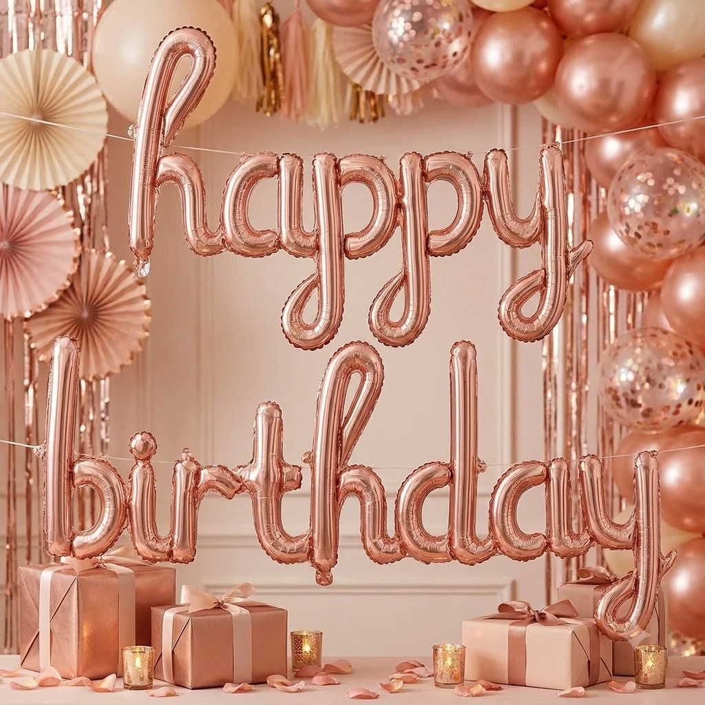 Гірлянда надувна, текст Happy (45*88см) Birthday (120*53см) рожеве золото