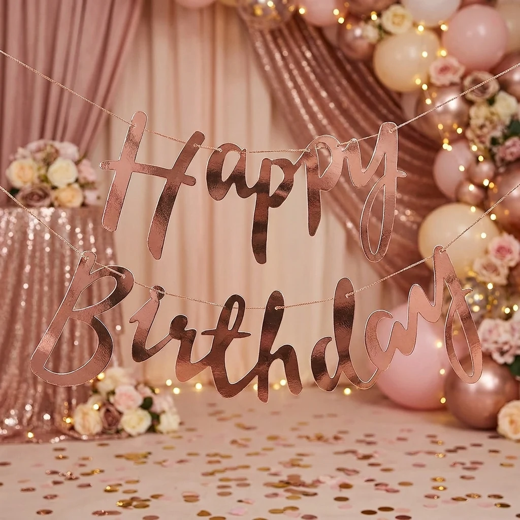 Гірлянда-розтяжка "Happy Birthday" 1,5 м розовое золото