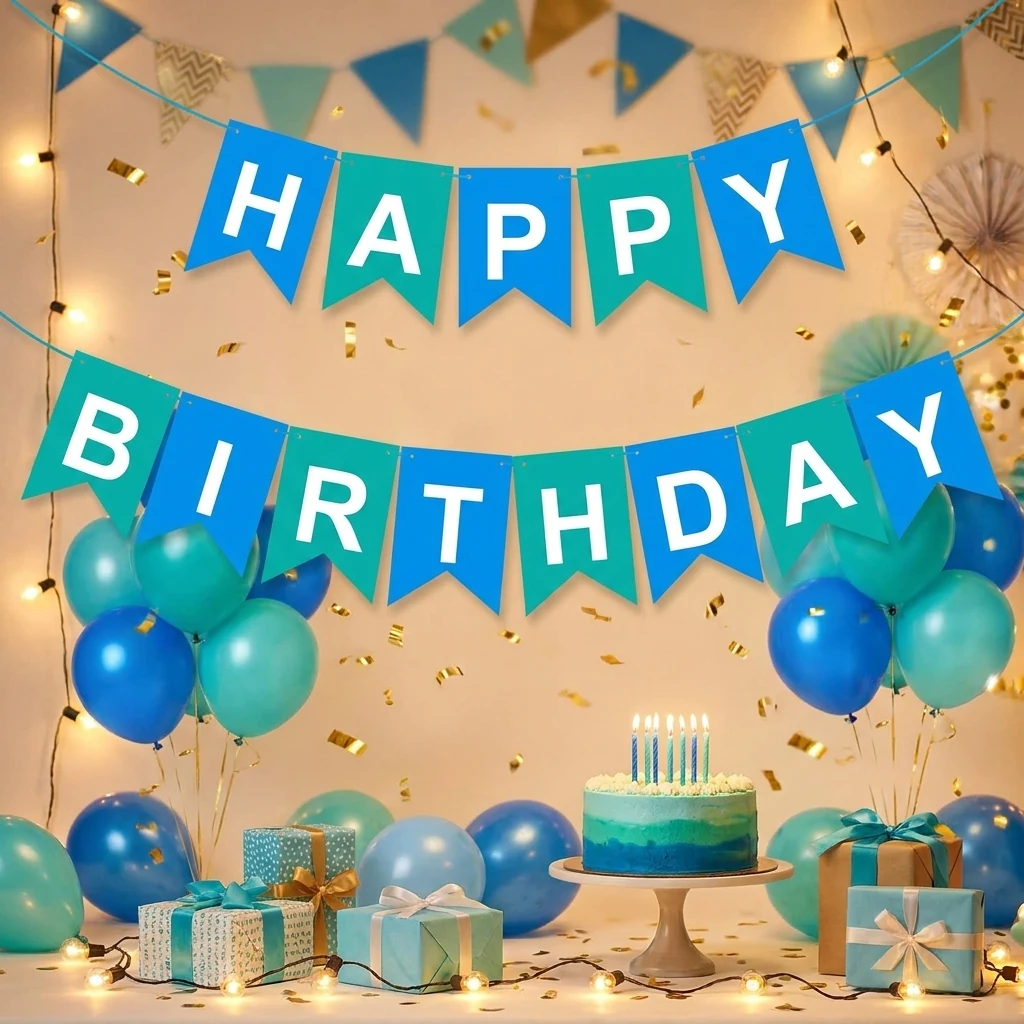 Гірлянда-розтяжка "Happy Birthday" 3 м блакитно-зелена
