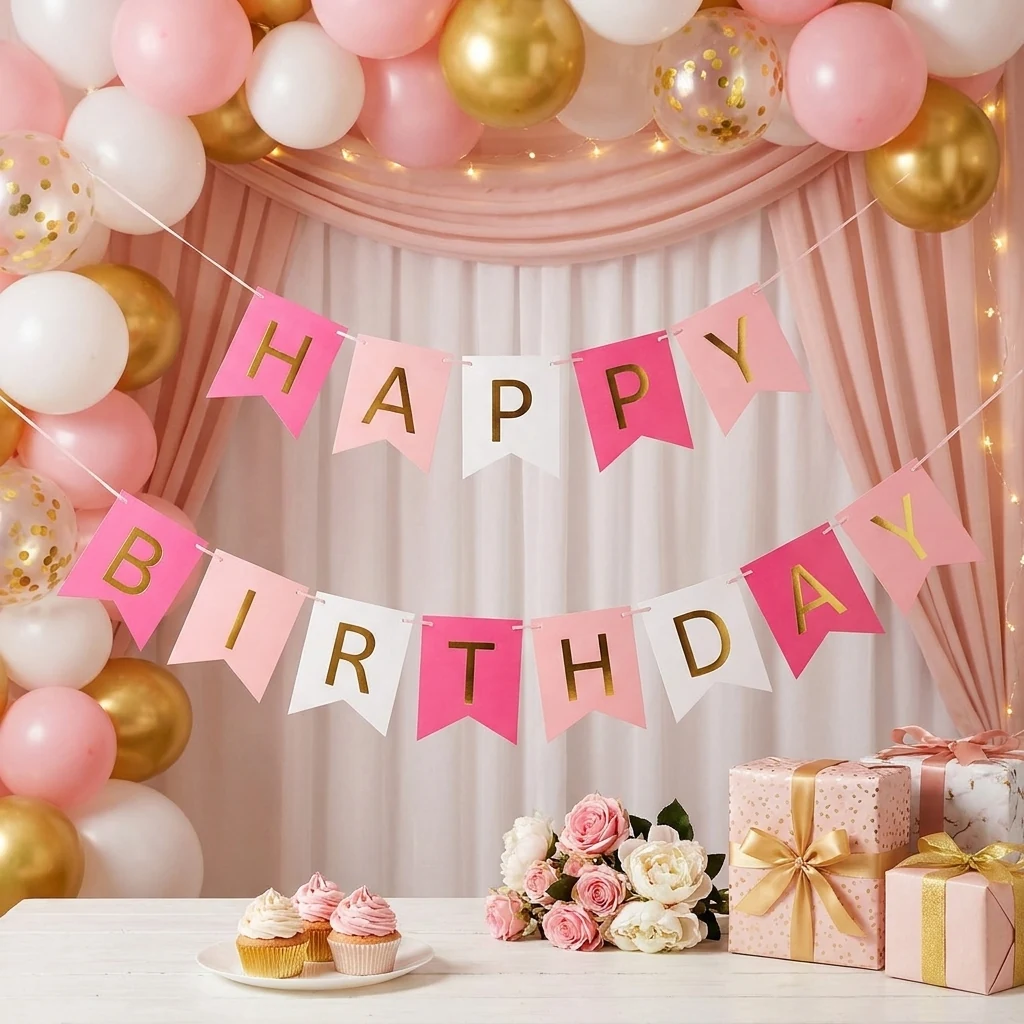 Гірлянда-розтяжка "Happy Birthday" 3 м рожево-біла