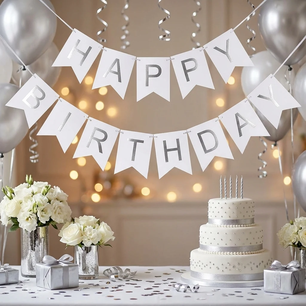 Гірлянда-розтяжка "Happy Birthday" 3 м срібло