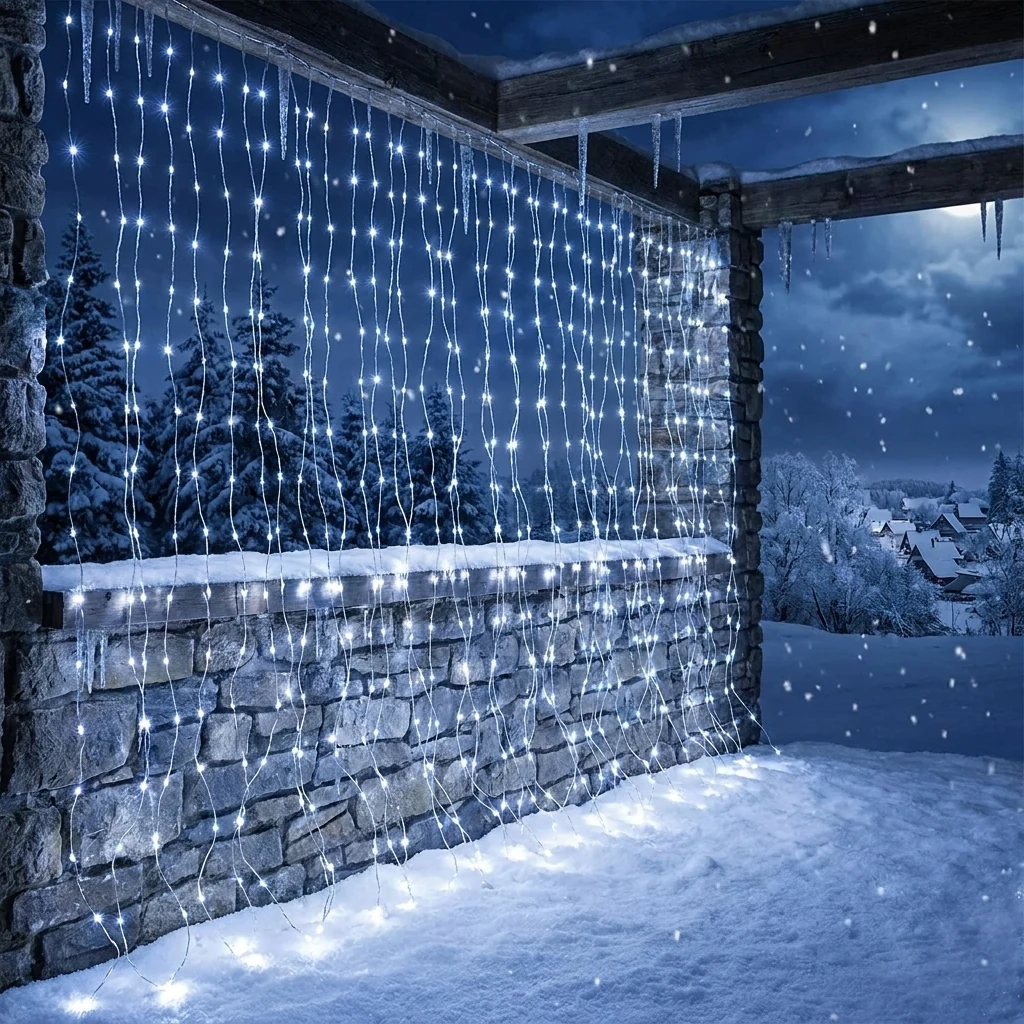 Гірлянда вулична у вигляді шторки шириною 8метра, 600 LED, 1,5м одна мідна нитка, колір свічення - білий холодний