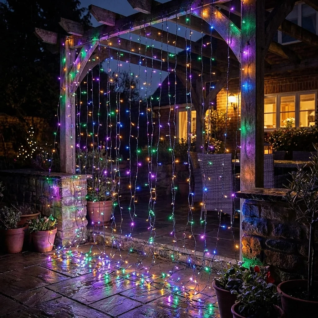 Гірлянда вулична у вигляді шторки шириною 8метра, 600 LED, 1,5м одна мідна нитка, колір свічення - різнокольоровий