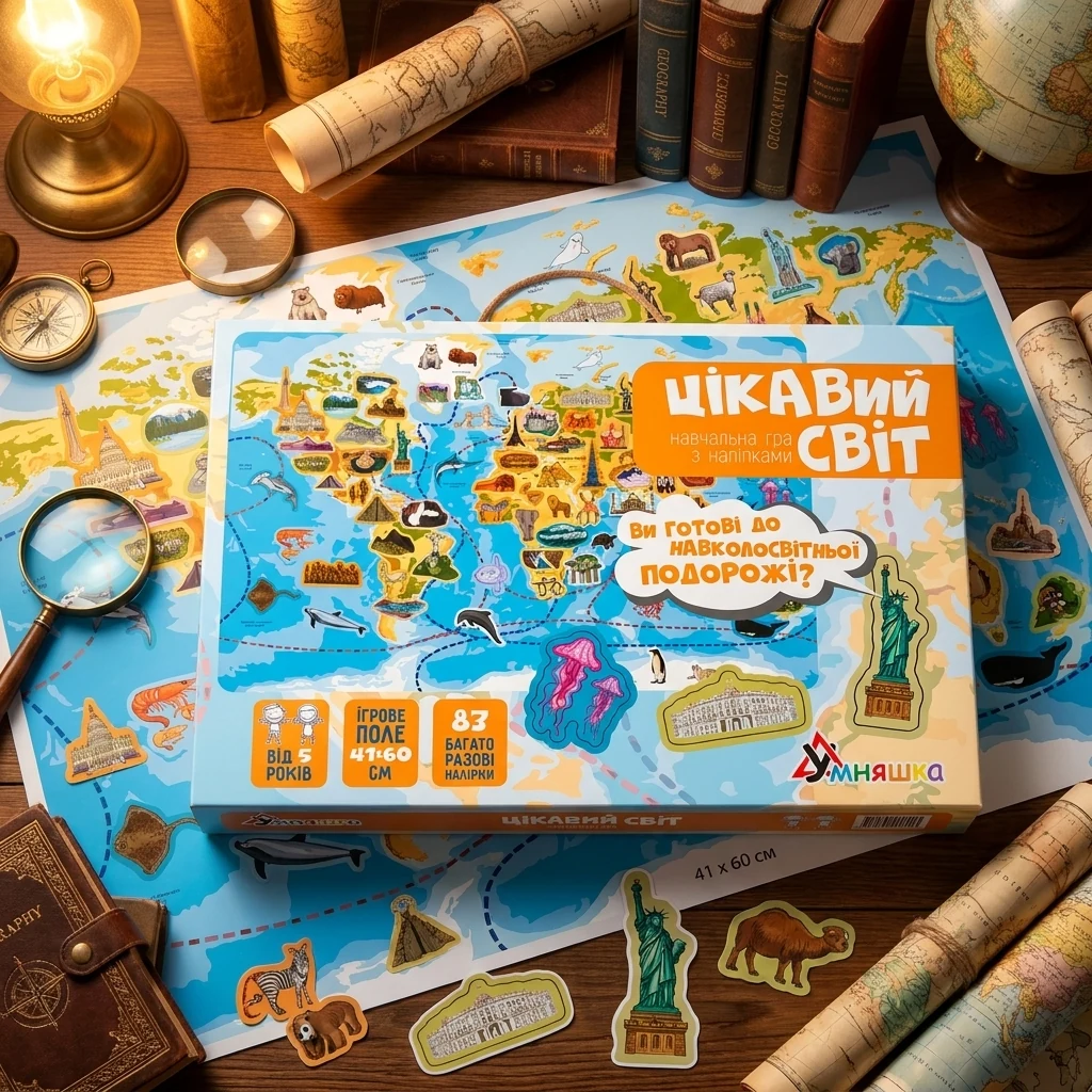 Гра настільна 5+ "Цікавий світ" з багаторазовими наліпками