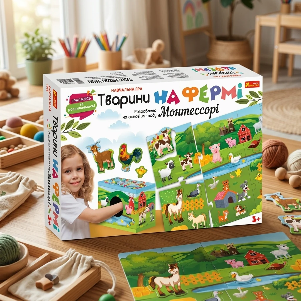 Гра навчальна. Тварини на фермі. Розроблено на основі методу Монтессорі. 3+ Ранок