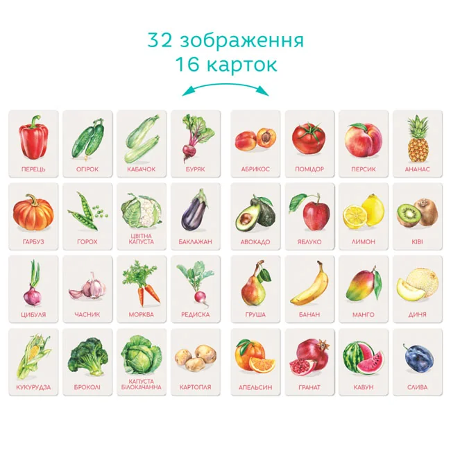 Гра розвиваюча "Овочі та фрукти. Картки Мотесорі" — фото 2