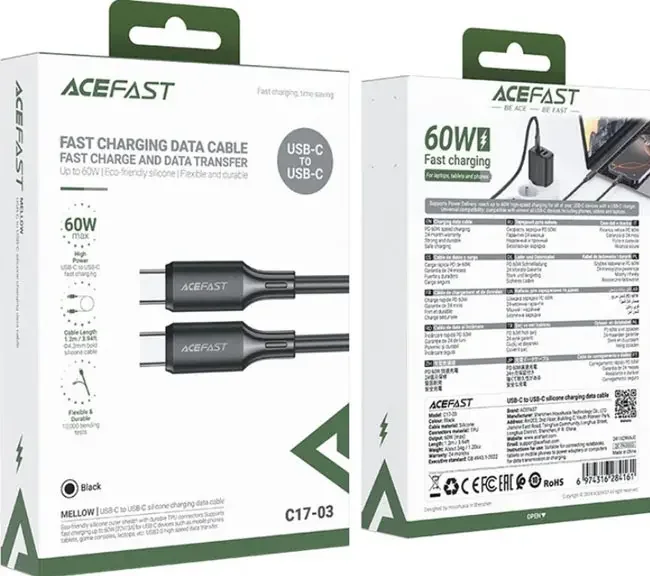 Кабель Type-C - Type-C 1.0м ACEFAST C17-03 silicone charging data cable Black