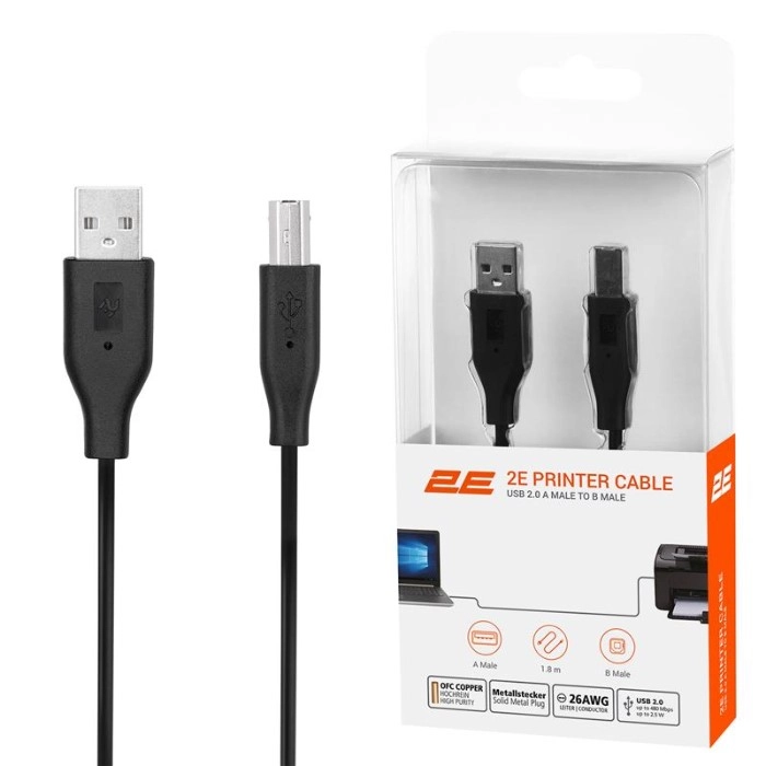 Кабель USB-A > USB-B синхронізації 2E 1.8м, чорний — фото 2