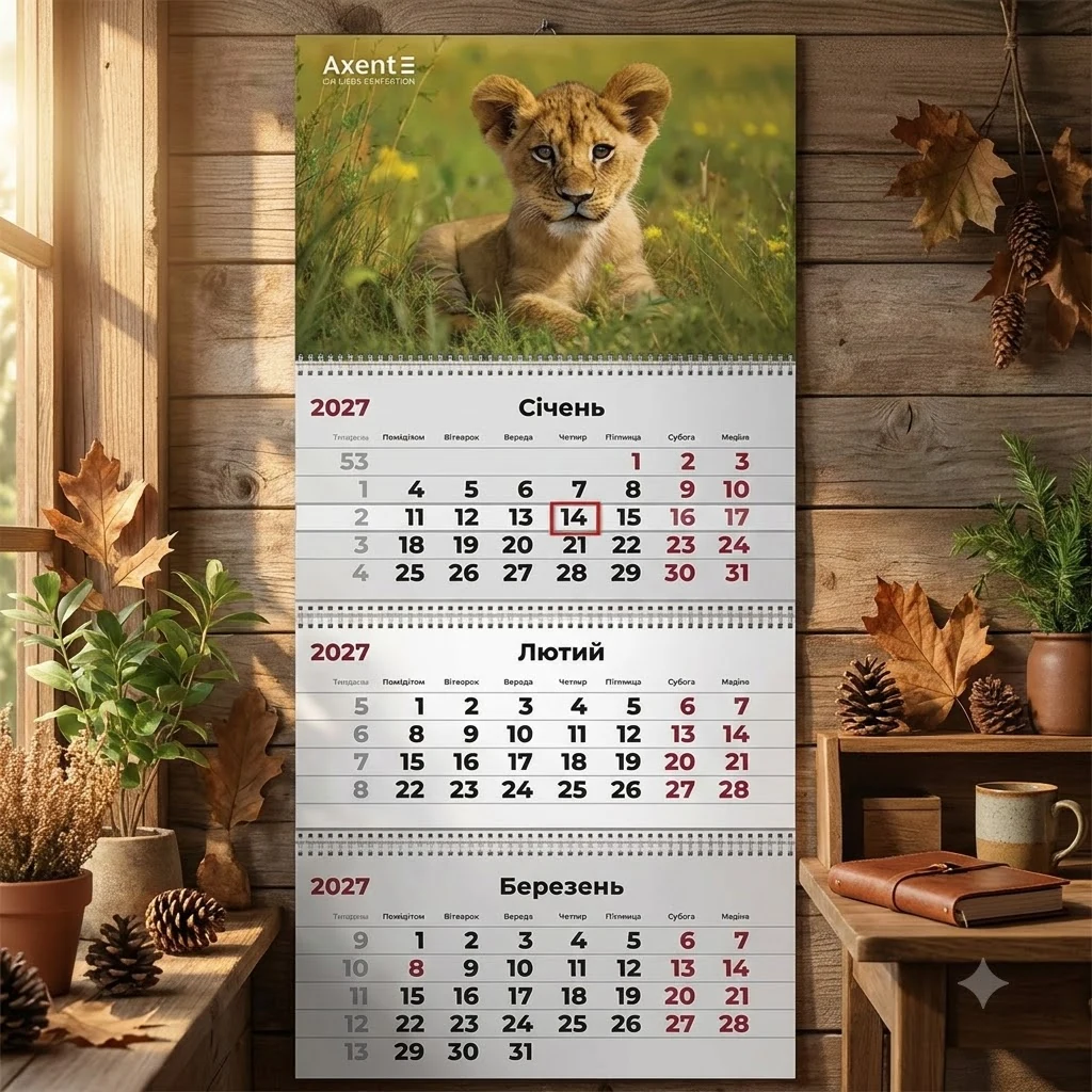 Календар настінний квартальний 297*630мм "Animals 3" Axent