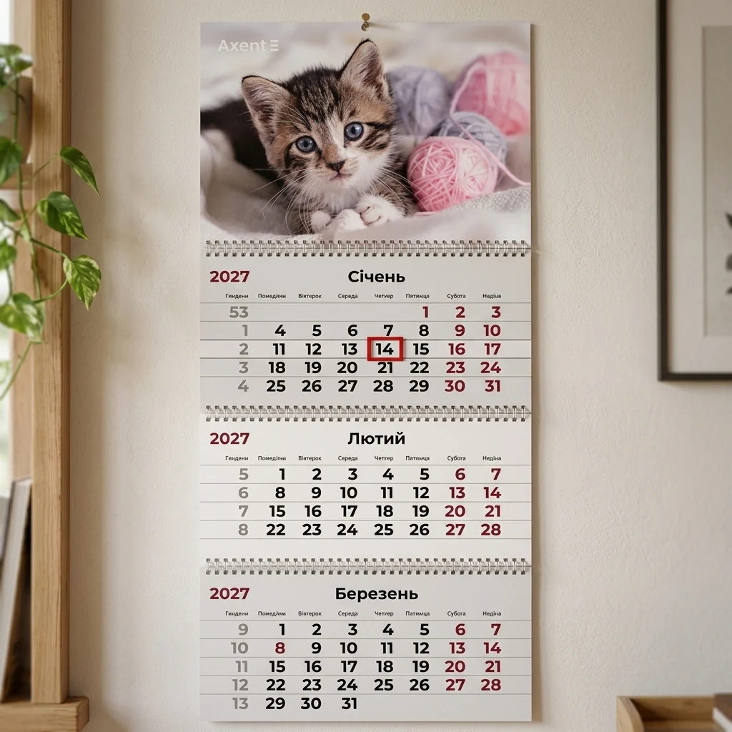 Календар настінний квартальний 297*630мм "Cats 1" Axent