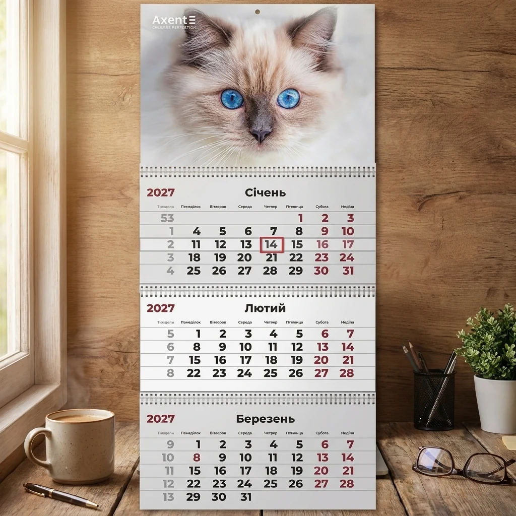Календар настінний квартальний 297*630мм "Cats 2" Axent