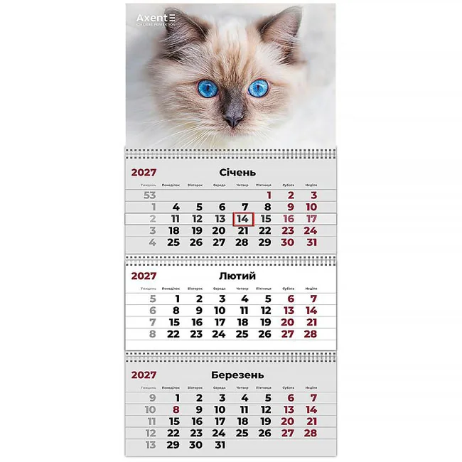 Календар настінний квартальний 297*630мм "Cats 2" Axent